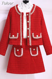 Winter Fashion Plaid Red Tweed Two Piece Set Women Pearls Single Breasted Fringed Woolen Jackets Coat + Pocket Mini