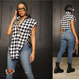 Plaid Print Short Sleeve Shirt Irregular Lace Up