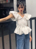 2022 Sexy V-Neck White Women Blouses Summer Puff Sleeve Shirts Chic Korean Office Vintage Elegant Female Lady