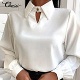 Autumn Elegant Lantern Long Sleeve Satin Blouses Women Casual Office Lapel Shirts 2022 Fashion Hollow Neckline Tunic