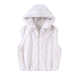 Women Fashion Front Pockets Faux Fur Hooded Waistcoat Vintage Sleeveless Zipper-up Female Outerwear Chic Vest