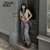 Star Print Gray Low Rise Cargo Jeans Grunge Clothes Y2k Aesthetic Womans Pants Streetwear Denim Trousers