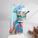Fashion Set Women's Summer French High-Grade Folding Print Short-Sleeved Top + Loose A Word 100-Fold Long