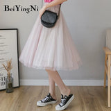 Tulle Skirts Womens Midi Pleated Skirt Pink Tulle Skirt Women 2019 Spring Summer Korean Elastic High Waist Mesh