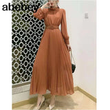 New Spring Summer Temperament half high collar long sleeve Dress high waist lace up waist mid-length A-line Pleated