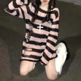 Pink Striped Gothic Sweaters Women Ripped Holes Loose Knitted Pullover Frayed Fairy Grunge Jumpers Emo Streetwear