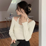 Fake Two-piece T-shirt Long Sleeve Halter Black Tops Knit Slim Sweater Tops Women Autumn Spring Sexy Female Tee