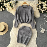 Winter OL Solid Sweater Sets Women O Neck Knitwear Top+High Waist Short Skirt Korean Casual Knitted Two Pieces