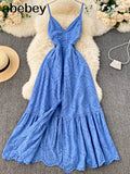 Summer Beach Hollow Out Long Dress Sexy Women V-Neck High Waist Single Breasted A-Line Big Swing Vestidos 2022 New