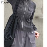 Grunge Pockets Patchwork Women Jackets Grey High Street Full Sleeve Zip Up Coats Autumn Turtlen Knitwear Harajuku