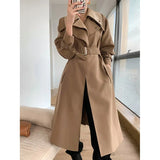 Women Coffee Color Long Bandage Trench New Lapel Long Sleeve Loose Fit Windbreaker Fashion Tide Spring Autumn 2023
