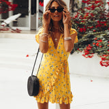 Women Loose Short Sleeve V-Neck Ruffles Print Casual Yellow Summer Chiffon Dress 2020 Beach Elegant Mini Yellow
