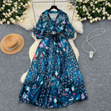 Summer Dress New Niche Light Familiar Wind V To Receive Waist Thin Temperament French Pressure Folding Printing Chiffon