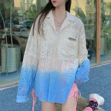 Streetwear Ombre Shirt For Women Lapel Long Sleeve Cut Out Colorblock Blouses Female Fashion Clothes New 2022
