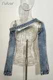 Fashion Women's Jacket Long Sleeve Patchwork Collarless Single Button Hollow Out Denim Short Tops Spring 2023 New