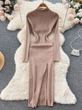 Winter Turtleneck Knitted Dress Long Sleeve Elastic Waist Slim Autumn Dress 2022 Women Solid Split Sweater Long