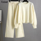 Fall Winter Chic Knitted Outfits Women Elegant Loose Pullover O Neck Oversized Sweater 2 Piece Set Wide Leg Pants