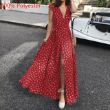 2022 Summer Maxi Dress Women Sexy Split Polka Dot Short Sleeve Long Sundress Celmia Bohemian Belted V-Neck Party Beach