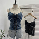 Shooting Do The Old Fur Side Of The Denim Splicing Pu Skin Lace Sling Vest Short Without Sleeve Top