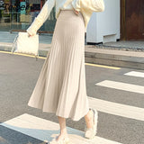 2023 New Women's Knitted A-line Skirt Autumn Winter Solid Color Pleated Long Skirts Woman Elegant High Waist Skirt