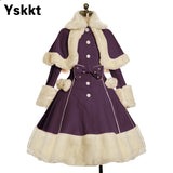 Yskkt Women Lolita Autumn Coat Warm Fur Collar Bowknot Dress Jacket Fashion Sweet Princess Breasted Overcoat Halloween