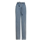 Blue Casual Full Length Wide Leg Pants For Women High Waist Lace Up Jeans Female 2021 Autumn Clothing Fashion
