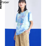 Women Tees Summer Short Sleeve Round Neck Loose T-shirt Tie Dye Cartoon Print Blue Pink Chic
