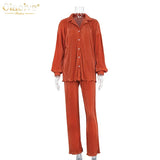 Casual High Wasit Pants Set Women Autumn Long Sleeve Blouses Matching Wide Trousers Suit Green Pleated 2 Piece Pant