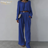 Sexy Beige Crop Shirts Womens Two Peice Sets Casual Loose Pleated Pants Set Female Summer High Waist Wide Trouser