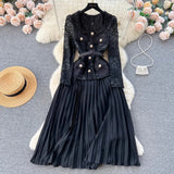 Toloer Small Fragrant Wind Dress Female Senior Sense Heavy Industry Nail Bead Metal Buckle Square Collar Lace Stitching Pleated Fairy