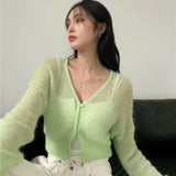 Korean Sexy See Through Cropped Cardigan Women Thin Hollow Out Knitted Cardigans Long Sleeve V-neck Sweater Crop