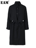 Women Black Back Button Big Size Long Trench New Lapel Long Sleeve Loose Fit Windbreaker Fashion Spring Autumn 2023