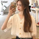 Women White Cropped Tops Hollow Out All-match Lace V-Neck Half Sleeve Solid Single Breasted Fashion Mujer Clothes