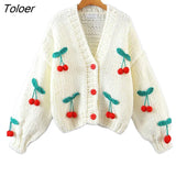 Bohemian Women Cardigan Tops three-dimensional Pattern Hand knitted Sweater V-Neck Puff Sleeve Loose Winter Sweaters