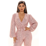 Women Sexy V Neck Sequins Long Sleeve Casual Belt Overalls Female High Waist Playsuit Elegant Ladies Party Club