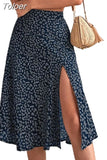 Women Summer Green Boho Midi Skirts Elegant Split Thigh Print Long Length High Waist Slit A Line Korean Fashion