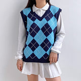 E-girl Women Rhombus Sweater V Neck Sleeveless Vest Blue Preppy Style Knitted Vests Plaid Soft Crop Top