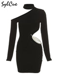 Mystery Sexy Stretch Slim Irregular Design Sense Tailoring Stitching Pearl Chain Half Off-Shoulder Long-Sleeved