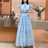 Niche Elegant Dress Women's High-End Lace Short Sleeves To Show Thin Multi-Layer Pongeist Long