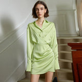 Ruched Irregular Dress For Women Lapel Long Sleeve High Waist Solid Minimalist Mini Dresses Female Autumn