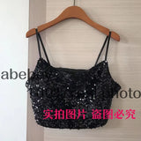 Women Sexy Fashion Shinny Sequin Cropped Tank Tops Vintage Backless Thin Straps Female Camis