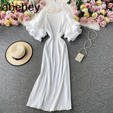 Elegant Women French Style Platycodon Grandiflorum Fairy Ruffled Flare Sleeve Pleated Solid Long Dresses