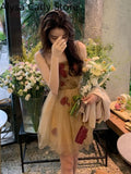 Party Vintage Floral Strap Dress Women Sexy Backless Evening Party Fairy Dress Femme 2022 Spring High Street Korean Beach Casual