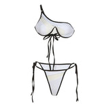 Sexy Mesh Beach Bikini Women 2 Piece Sets Summer One Shoulder Bandage Bra Tops+Briefs Vacation Birthday Party Clubwear