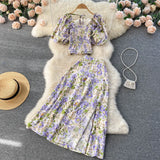 Summer Bohemian Women Floral Printed Two Piece Set Sexy Beach Suit Square Collar Puff Sleeve Short Tops + Skirt New Fashion