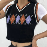 Argyle Plaid Knitted Sweater Vest Women Streetwear Preppy Style Vintage Striped Clothing V Neck Tank Top Y2K
