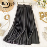 Korean Style Pleated Midi Skirt Women Casual New Fashion High Elastic Waist Skirts Black Pink Elegant Skirt Belt