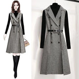 Women Houndstooth Tweed Notched Plaid Dress Two Piece Set Winter Knitted Sweater And Double-Breasted Vest Party Midi Dress