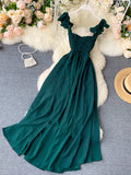 Sexy High Waist Slash Neck Women Long Dress Elegant Big Swing A-line Vestidos Verano Vintage Green/Red Party Robe For