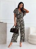 Women's Spring Leopard Print V-Leading Flying Sleeves Wide-Legged